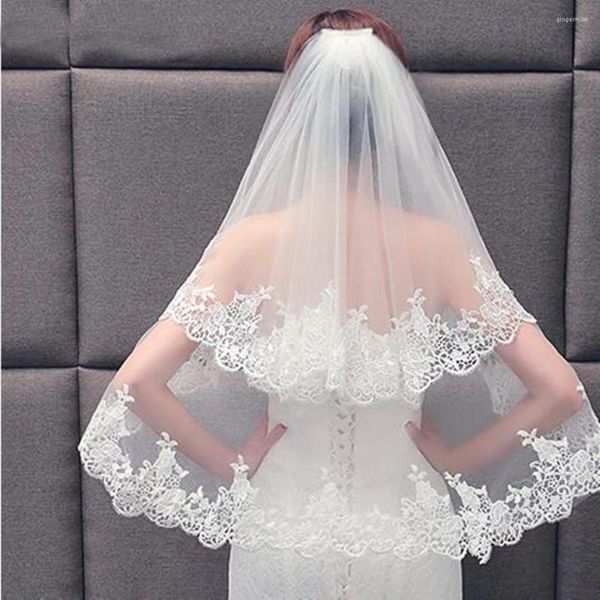 Velos De Novia Blanco Marfil 2 Capas Con Peine Borde De Encaje Colorete Velo Accesorios De Boda Veu De Noiva Novia