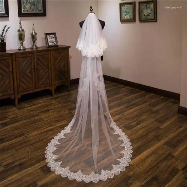 Voiles de mariée blanc ivoire 3 mètres de long bord complet dentelle voile de mariage deux couches tulle avec peigne accessoires Veu Velo Noiva