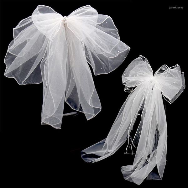 Voiles de mariée Blanc Mariage Voile Perles Bowknot Pour Femmes À La Main Maille Fil Mariée Coiffure Bijoux Pince À Cheveux