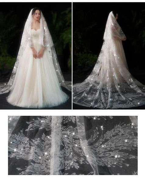 Voiles de mariée en gros voile de dentelle scintillante couche de remorquage 3M de long pour la robe de mariée