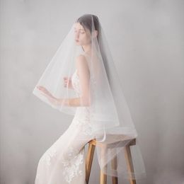 Voiles de mariée avec bord de ruban, deux couches de Tulle, vente élégante, voile de mariage, longueur du bout des doigts, ivoire, BWV6092966667