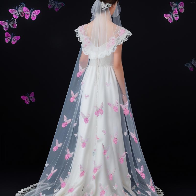 Bridal Veils YouLaPan Pink Wedding Veil With 3D Butterfly-Flower For Women Powdered Bride Accessories Elegant Short V24