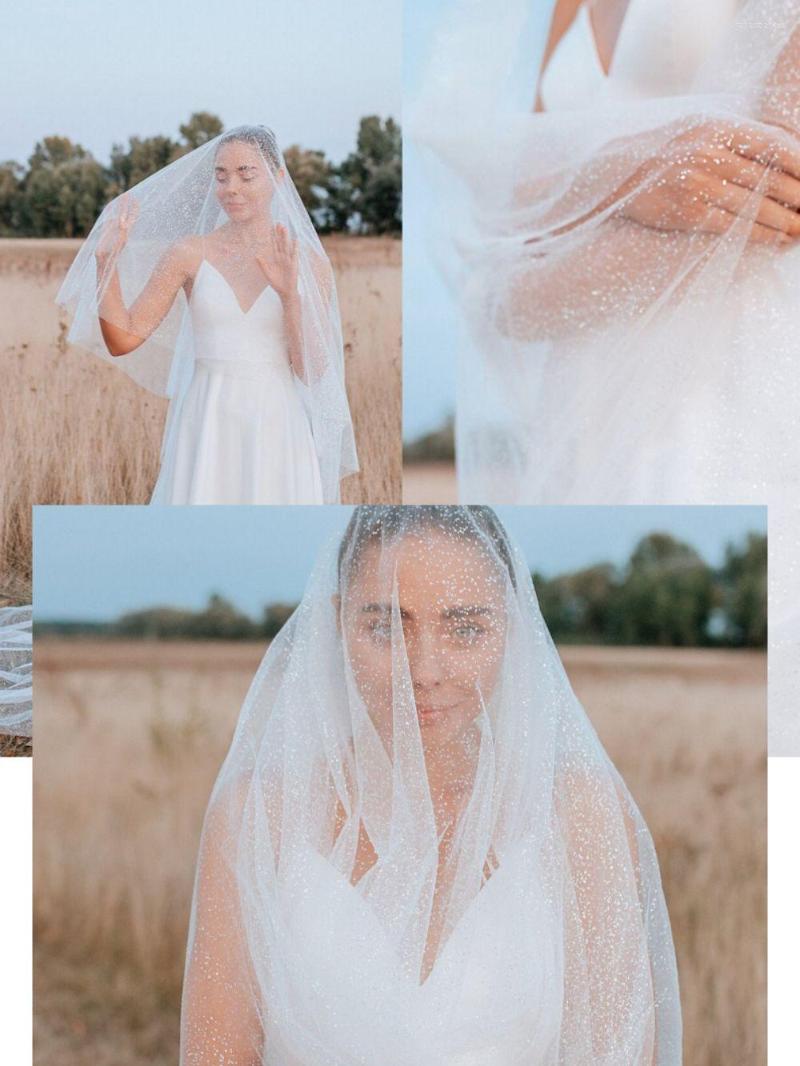 Bridal Veils Youlapan V90 2 -Stol Suknia ślubna Zasłona z Blusher Star Yarn Błyszcząca błyszcząca brokatowy szampan akcesoria