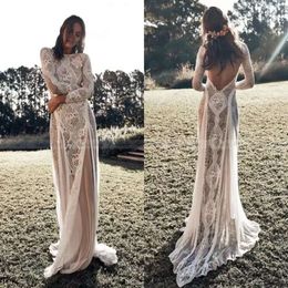 Bruids bruiloft boho zeemeermin jurken jurk kanten applique op maat gemaakte sexy bateau nek plus size lint backless strandvestido de novia 403