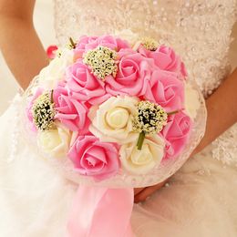 Bruids Wedding Bouquet Bridesmeisje Kunstmatige PE Rose Flower Fake Pearl Pink Bouquet Wedding Supplies Festival Decorations