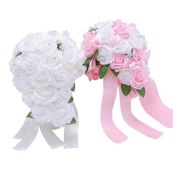 Bouquet de mariée mariage PE Rose Flowers Bouquet de roses avec bouquet de perles bling Bouquet de mariée fleurs WQ65