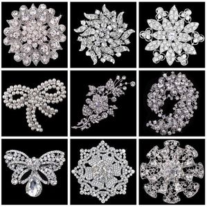 Broche de boda nupcial, ramo, ramillete, lazo de flores, mezcla de estilos, diamantes de imitación huecos, venta al por mayor, cristal brillante, moda redonda