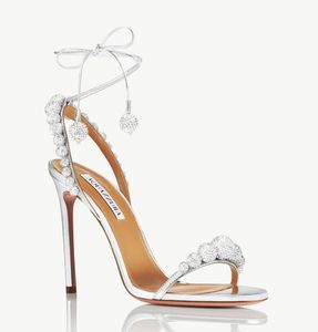 Nupcial Boda Disco Bailarina Sandalias Zapatos Mujeres Bolas de cristal chispeantes Tacones de aguja Wrap-tie Tobillo Tie Pumps Lady Sandalias EU35-43, con caja