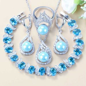 Bruids Bruiloft Sieraden Sets Sky Blue Zirkoon Natuurlijke Zoetwaterparels Dangle / Oorbellen / Armband / Ring Vrouwen Kostuum H1022