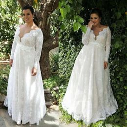 Bruids bruiloft kanten jurken jurk geschoeide halslijn lange mouwen vloer lengte op maat gemaakte plus size tuin landvestidos de novia