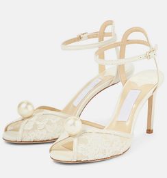 Boda nupcial Sacora Sandalias Zapatos Mujer Perla blanca Corte en V Peep Toe Tacones de aguja Bombas flotantes Vestido Fiesta Boda Nupcial Señora Sandalias EU35-43, con caja