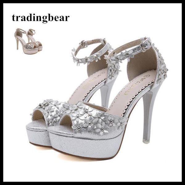 Zapatos de boda nupcial flor plata oro plataforma tobillo abrigo sandalias damas verano tacones altos tamaño 34 a 39