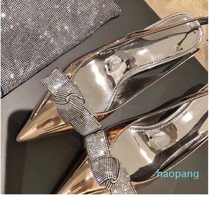 Bruids bruiloft schoenen metalen patentleer met kristallen bowtie kitten hakken ontwerper schoenen pompen zilver goud 6cm maat 34-40