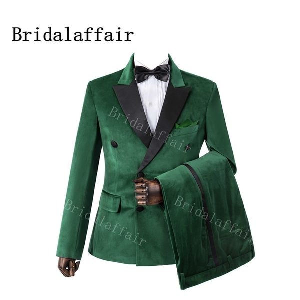 Bridalaffair 2 Pièces Vert Velours De Mariage Garçons D'honneur Tuxedos Noir Peak Revers Slim Fit Custom Made Soirée Hommes Costumes 201105