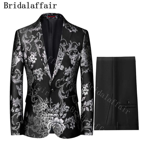 Bridalaffair Negro Plata Patrón Hombres Trajes de fiesta Cantante de escenario Hombre Casual Slim Fit Chaqueta floral pantalones negros Vestido de fiesta Tuxed X0909