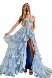 Bridalaffair Elegant Blue Corset Tiered Lace Evening Dr With Slit Sweetheart Women Formal Prom Dres 2023 Nieuwe feestjurken T8W5#