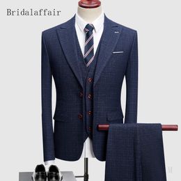 BridalaFar Hoge Kwaliteit Mannen Pak Set 3 stks Navy Blue Prom Wedding Gedrukt Plaid Bruidegom Suits Op maat gemaakte Tuxedo (jas + broek + vest)