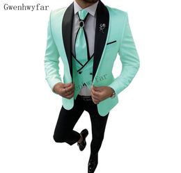 Bridalaffair Mint Green met zwarte reverspakken voor heren 3 -delige bruiloft heren suit jaservest op maat gemaakt slankgom custom7696002