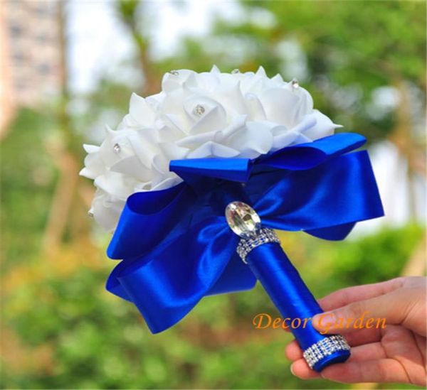 Bouquet de mariée bouquet bouquet élégant rose artificielle fleurs nuptiales cristal bleu royal ruban de soie new buque de noiva 7 couleurs yy1776067