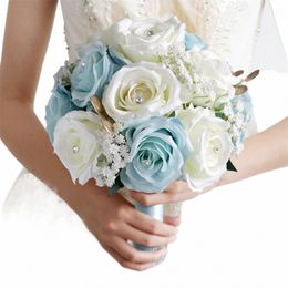 Novia Dama de honor Ramo de boda Azul Rosas blancas Artificial Holding Frs Novia Mariage Ramo Accesorios de boda Favores 59hG #