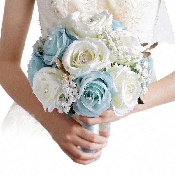 Bride Bridesmaid Wedding Bouquet Blue White Roses Artificiel Holding FRS Bride Mariage Bouquet Active de mariage FAVORS L36E #