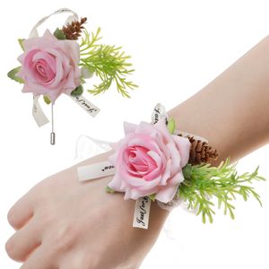 Novia dama de honor muñeca flor dama de honor mano flor boda flor de seda artificial pulsera