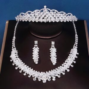 Bruidskroon 3 Set bruiloft haaraccessoires bruidskroon tiara ketting oorbellen sieraden set verlovingsverjaardag cadeau