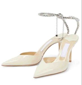 Bruid jurk schoenen pomp hoge hakken witte satijnen puntige neus SAEDA 100 mm hielband Crystal verfraaiing luxe merken desiger schoenen snel schip hoge kwaliteit