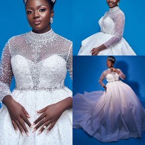 Bruid Jurken 2022 Arabische Dubai Luxe Sequin Bruids Bruidsjurken Parels Crystal Sheer Hoge Hals Afrikaanse Nieuwe Robe de Mariee