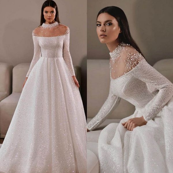 Vestidos de novia Vestidos de novia elegantes con cuentas y perlas Vestido de novia de encaje brillante con cuello redondo Vestidos de novia con tren por encargo