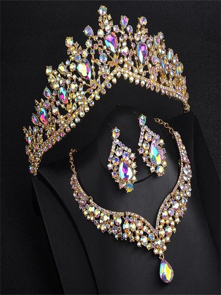 Ensemble de bijoux de mariée, ensemble de trois diadèmes en cristal simples et frais, boucles d'oreilles, collier, accessoires pour robe de mariée, 240122