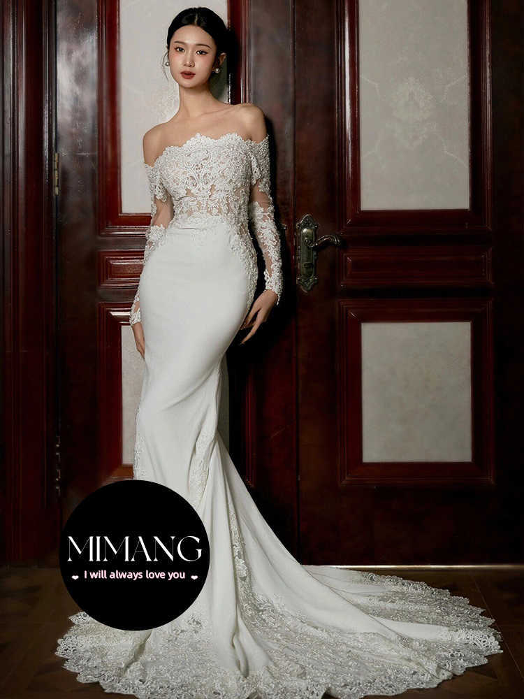 花嫁のライトウェディングドレス2024新しい春のバトーマーメイド長袖ウェディングドレス女性のためのエレガンスレースドレス