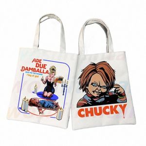 bruid van Chucky Scary Horror Chucky Canvas Schoudertas Handtas Dames Casual Tote Bag Grote capaciteit Herbruikbare winkeltas E6eG #