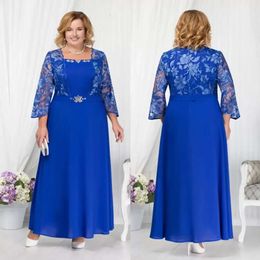 Bruid Royal The Jurken Plus Size Mother of Blue A-Line Chiffon Long Mouws Wedding Guest Jurk Lace Applique Square Neck High Taille Formele feestavondjurken