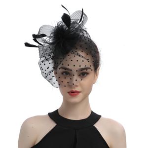 Tocado de novia, accesorio para el cabello, plumas negras que cubren la cara, pinza para el cabello, velo, sombrero de copa, malla, tocado de pajarita XMZ-0008-A