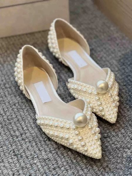 Sandale de mariée chaussures célèbres femmes chaussures habillées sacora ballet plat peep toe pompes mariage perle blanche mots creux boucle sandales femmes avec boîte