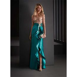 Bruid de kralen van jurken Moeder Eleant Appliqued Lace Evening Jurk Half Side Side Split Ruched Satin Tail Formal Mother's Wear's 's