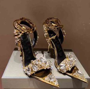 Mariée robe de mariée chaussures sandales 110mm femmes pompes tom-f- sandale bride à la cheville miroir cuir clouté pierres de cristal bijou pointu pompes ornées de cristaux