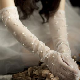 Guantes de perlas para novia, boda, diseño largo, gasa de encaje, guantes transparentes para mujer, guantes cortos de malla para novia, accesorios de boda 334k