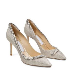 Novia Boda Romy Sandalias Latte Nappa Punta puntiaguda Hoja Cristal Adornado Bombas Vestido de novia sexy Tacones altos Blanco dorado con caja, EU35-43