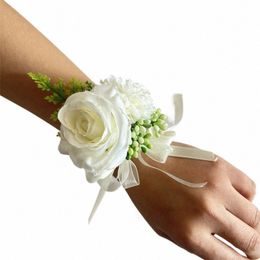 Bride poignet Corsage Wedding Bridesmaid Hand fr Silk Artificial Rose Ribb Bracelet Prom Decorative 56nr #