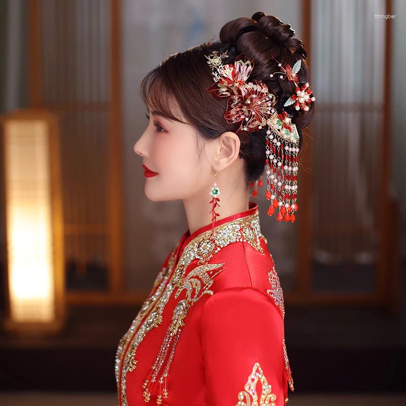 Xiu He – coiffure de mariée rouge, costume fait de fleurs, liquide, frange chinoise, robe Cheongsam, accessoires de mariage anciens