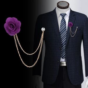 Bruidegom Weddingbroches Doek Art Handgemaakte Silk Rose Flower Broche Rapel Pin Gold Tassel Chain Heren Suit Accessoires