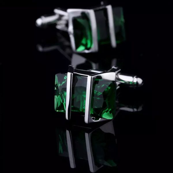 Boutons de manchette pour hommes d'affaires, chemises françaises, boutons de manchette argentés, en cristal vert, avec sac cadeau, pour marié, soirée de mariage