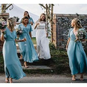 Bruidsmeisje chiffon korte boho 2021 blauwe jurken mouwen enkel lengte v nek op maat gemaakte plus maat een lijnmeisje