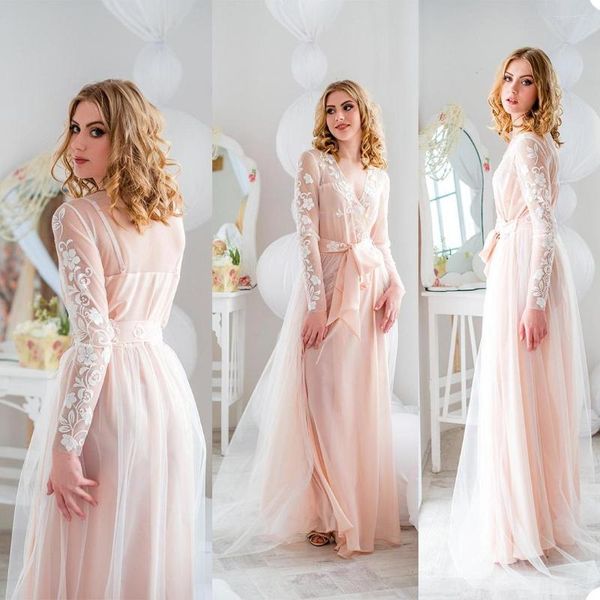 Brautjungfernkleid Illusion Chiffon Bademantel Sexy Dessous Damen Damen Brautroben mit Schärpe Tüll Designerärmel Nachtwäsche