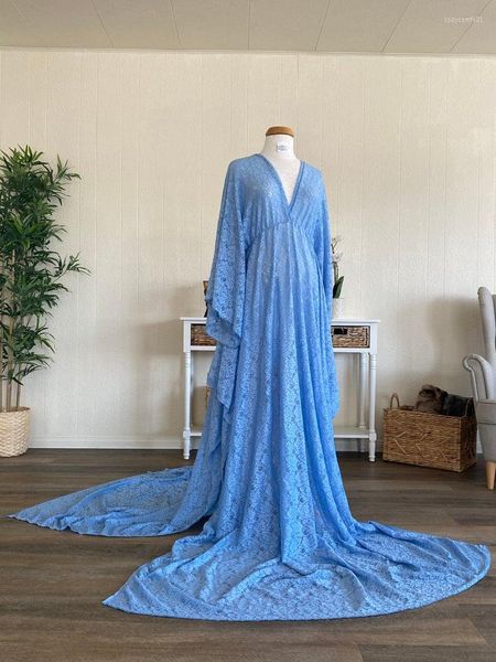 Vestido de dama de honor Batas de novia de encaje Azul cielo Por encargo Albornoz largo Tren de barrido Diseñador de mujer Ropa de dormir