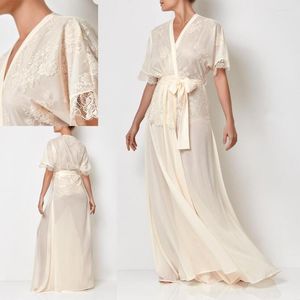 Robe de demoiselle d'honneur dentelle en mousseline de soie peignoir sur mesure longueur de plancher chemise de nuit manches mi-longues avec ceinture pyjamas vêtements de nuit