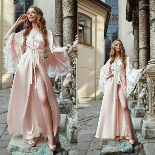 Robe de demoiselle d'honneur rose clair mariée Satin soie longue peignoir femmes Lingerie chemise de nuit pyjamas vêtements de nuit robes femmes robe de chambre vêtements de nuit