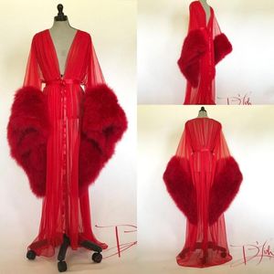 Robe de demoiselle d'honneur luxe femmes rouge fourrure peignoir vêtements de nuit longues chemises de nuit Kimono robe de chambre nuisette Lingerie peignoir de bain robes de bain